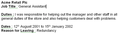 Bad employment history layout - buried job title, vague description, unnecessary detail